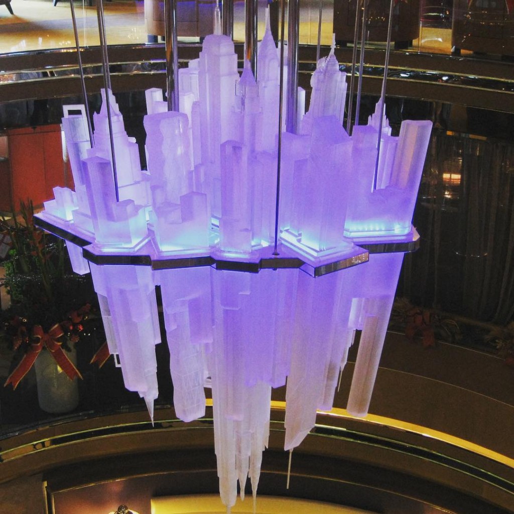 New York skyline chandelier in the atrium of Holland America Line's Nieuw Amsterdam