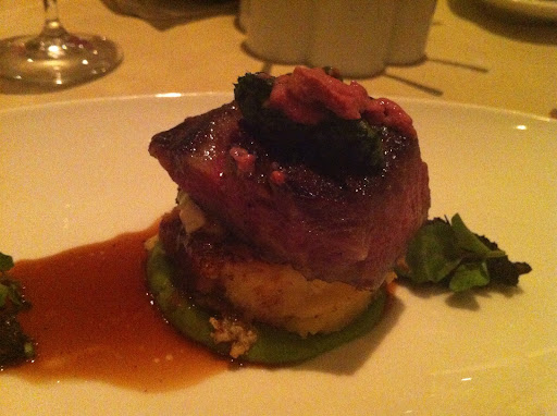 Seared Wagyu Strip Loin Rossini - leek pain perdu, Swank Farms watercress smoked potato puree, black trumpet duxelle, Madera jus, duck pate served at 150 Central Park aboard Allure of the Seas