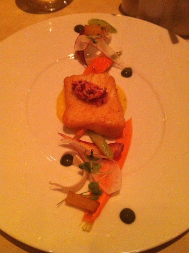 Corn Nut Crusted Halibut with "ranch" hollandaise, multi colored carrots, chile spiked red cabbage slaw, celery branch, sorrel pommes pont-neuf served at 150 Central Park aboard Allure of the Seas