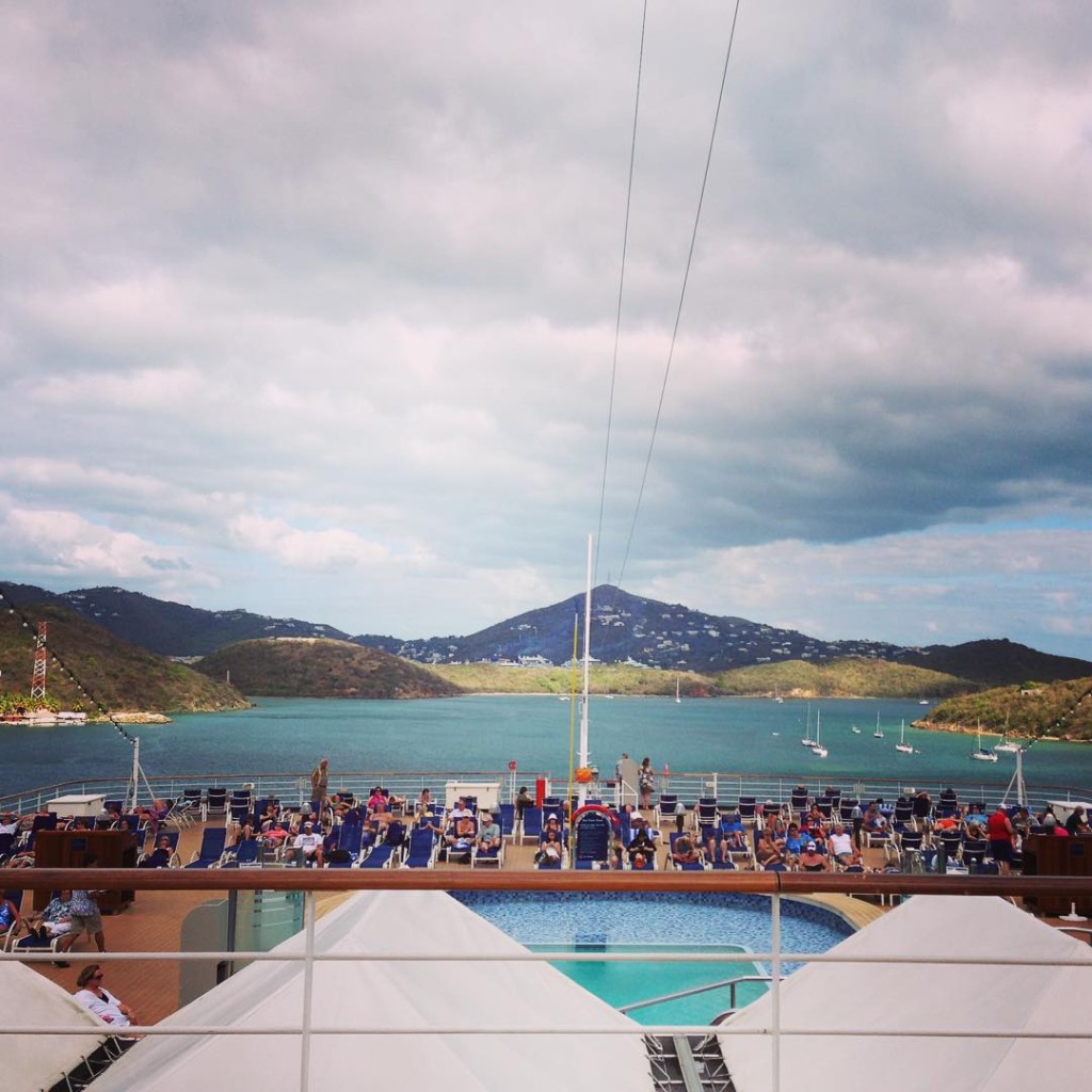 A view of Saint Thomas USVI from the Seaview Pool on Holland America Line's Eurodam