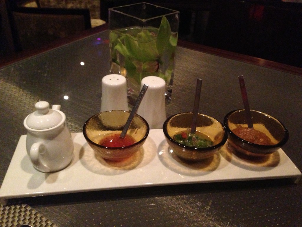 Different sauces, ranging from mild to hot, in Tamarind on Holland America Line's ms Eurodam