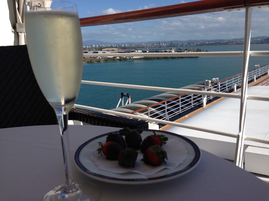 Campagne and chocolate covered strawberries are served in the Retreat Cabanas every afternoon on Holland America Line's ms Eurodam