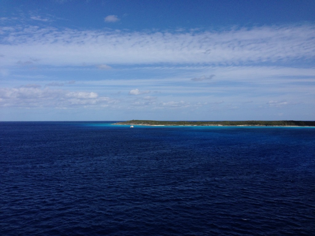 A from-the-ship view of Holland America's private island in the Bahamas, Half Moon Cay