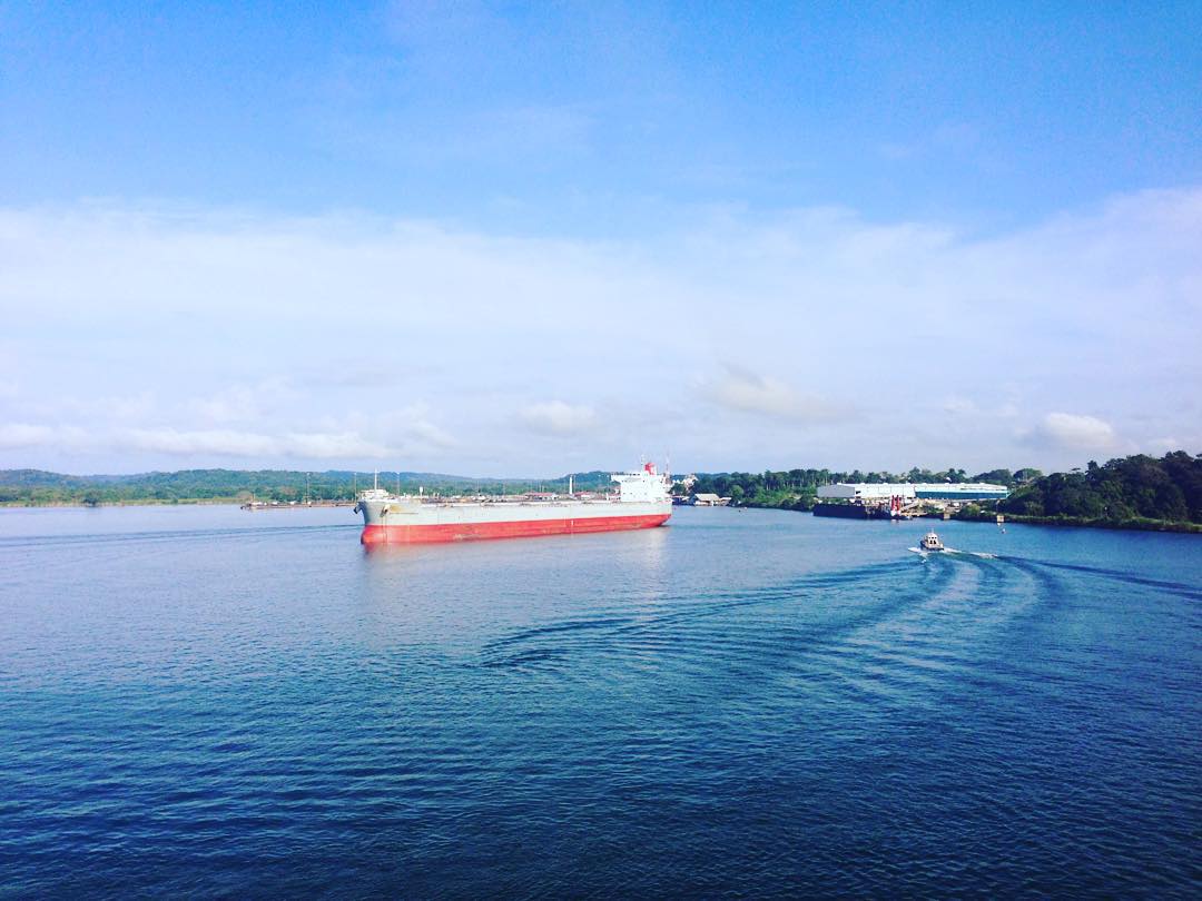 After passing through the first lock, the Zuiderdam dropped anchor in Gatun Lake to tender passengers ashore