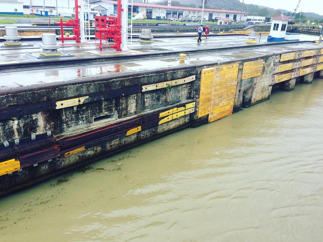 Water filling up one of the locks of the Panama Canal