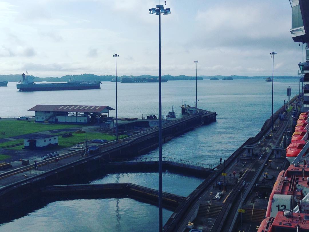 The Zuiderdam is about to exit the first lock of the Panama Canal