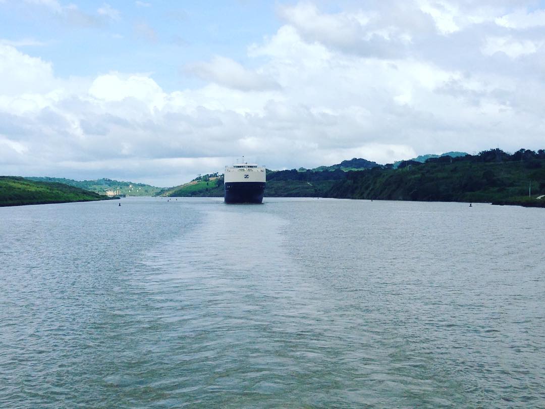 Our ferryboat taking us from the Atlantic to the Pacific in the Panama Canal is behind this car carrier