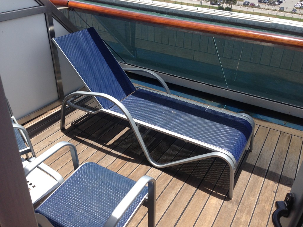 The balcony in the Extended Aft Balcony stateroom #7444 onboard Carnival Liberty.