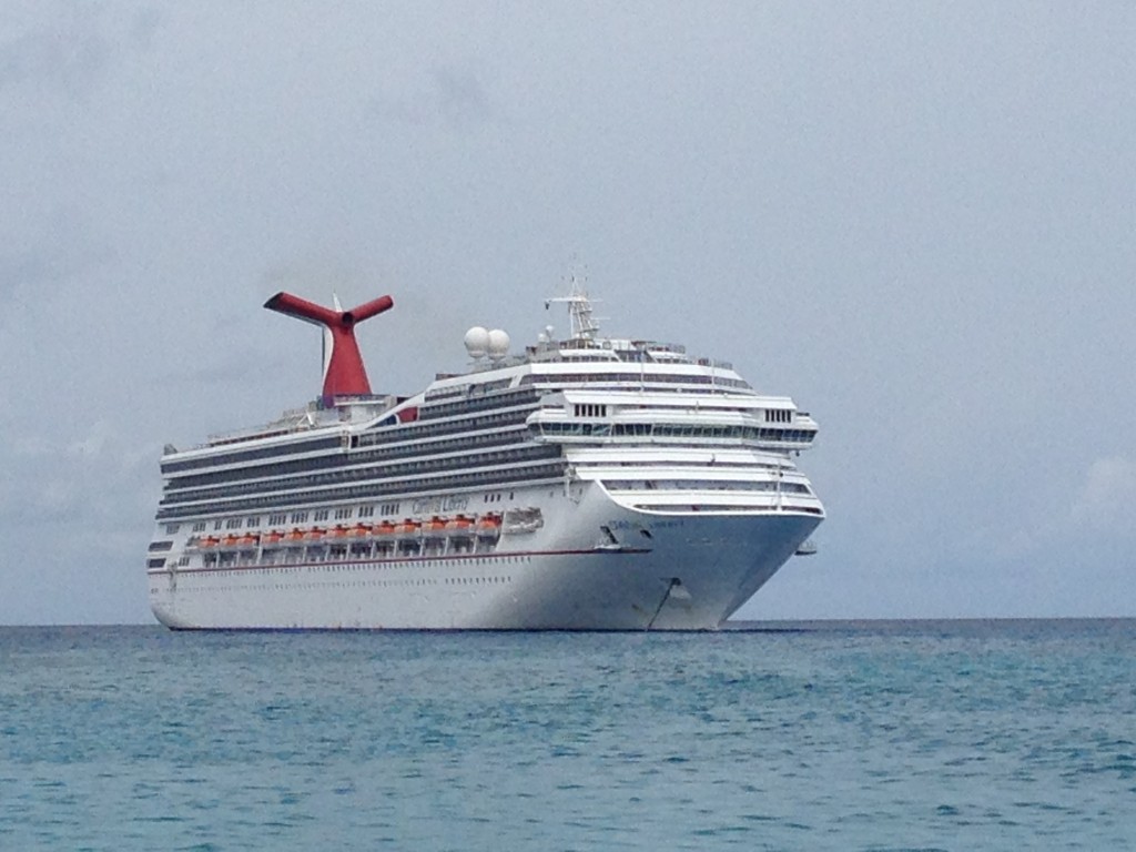 Carnival Liberty anchored off Half Moon Cay in the Bahamas.