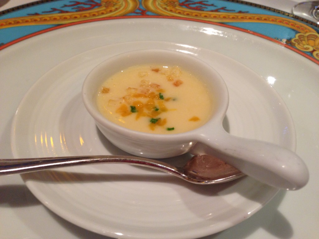 Cream of Potato Soup as an appetizer from Diamonds Steakhouse onboard Carnival Liberty.