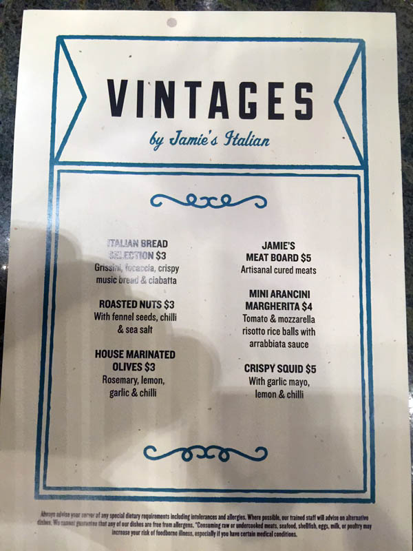 Vintages Menu available at Vino on Quantum of the Seas