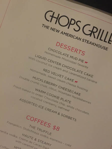 Dessert menu from Chops Grill on Quantum of the Seas