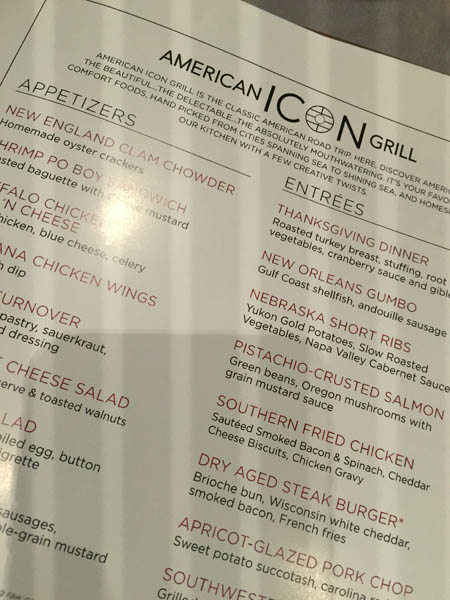 Sample of the menu from American Icon Grill on Quantum of the Seas