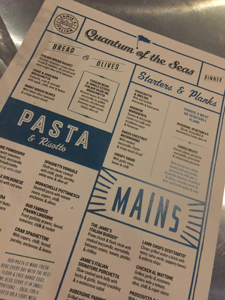 The menu from Jamie's Italian on Quantum of the Seas