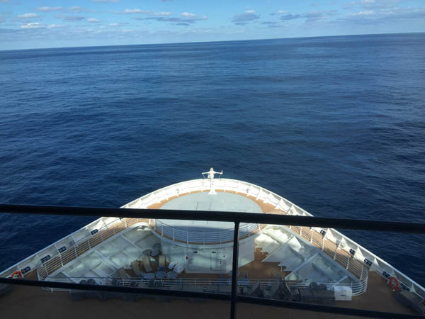 A view of the bow of the ship from the bridge of the Quantum of the Seas