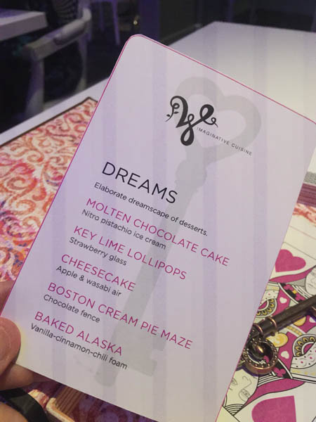 The dessert menu from Wonderland on Quantum of the Seas