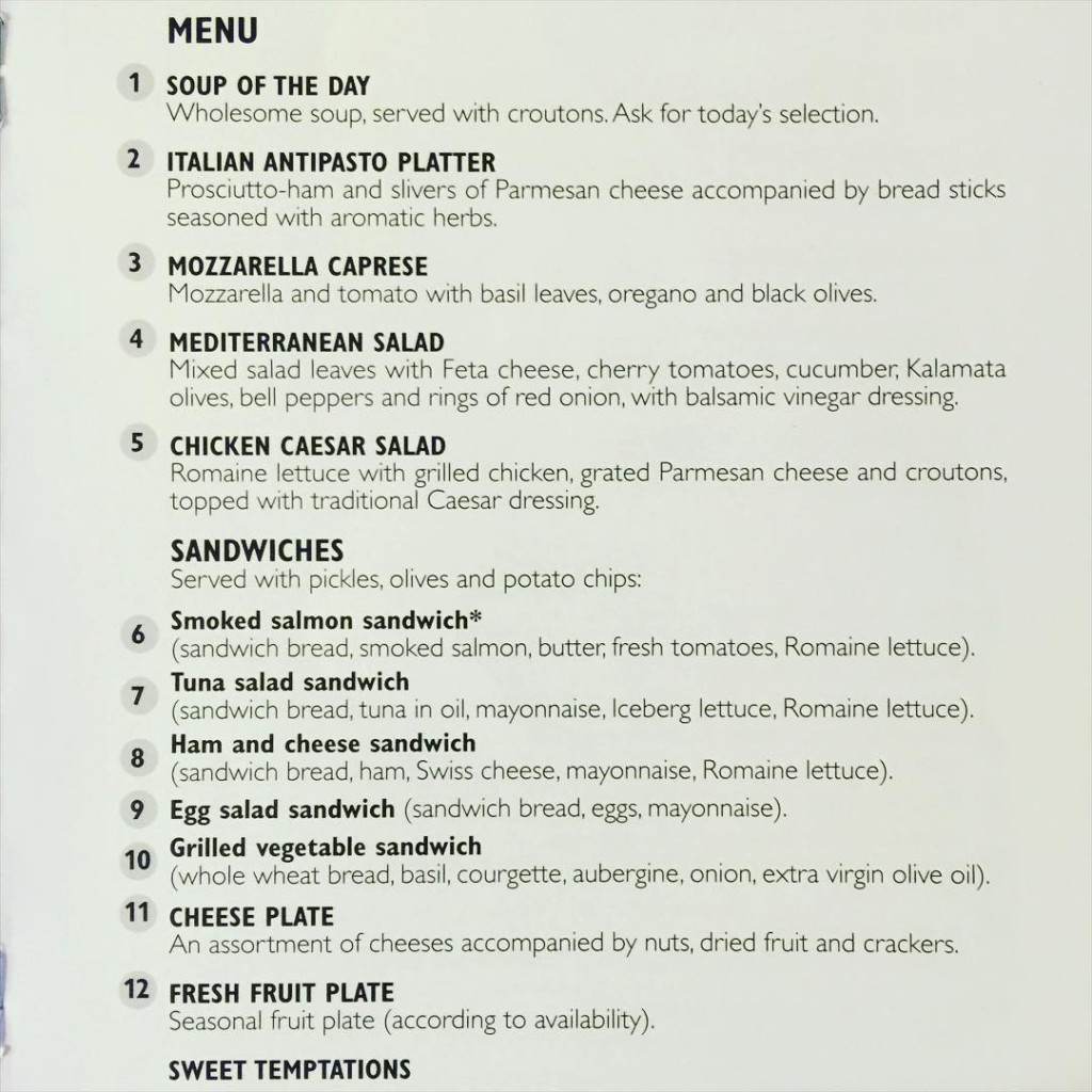 Room Service menu from the MSC Divina