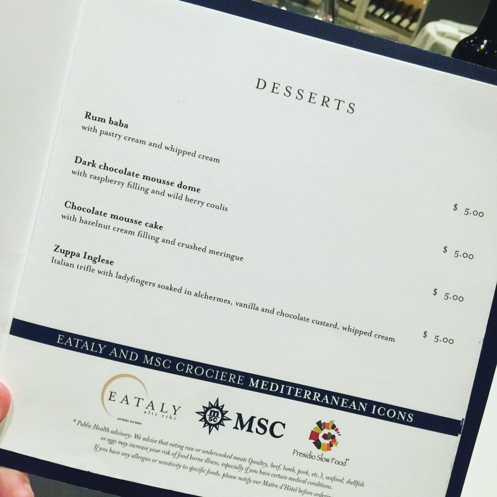 A peek at the menu from Restaurante Italiano by Eataly on MSC Divina