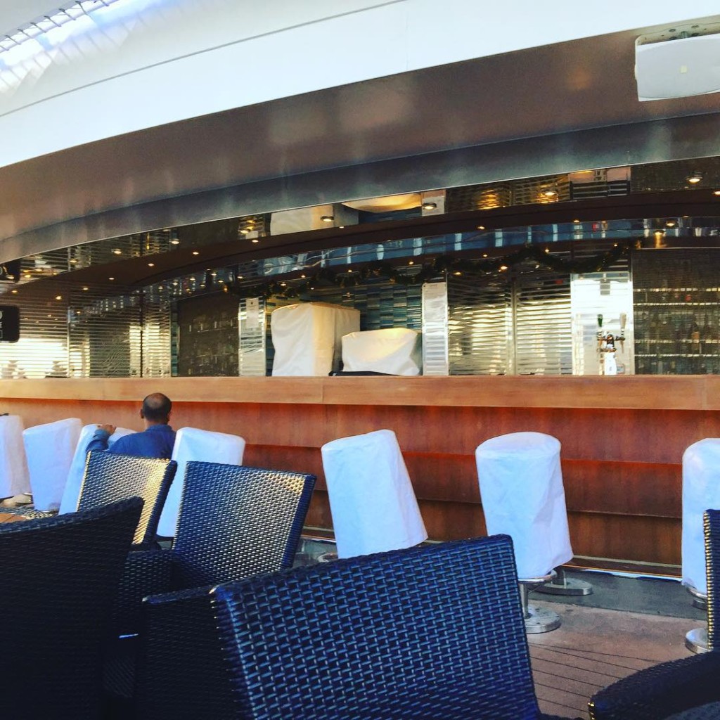 Make time to varnish! On debarkation dar workers were busy sanding down the Garden Bar on the MSC Divina