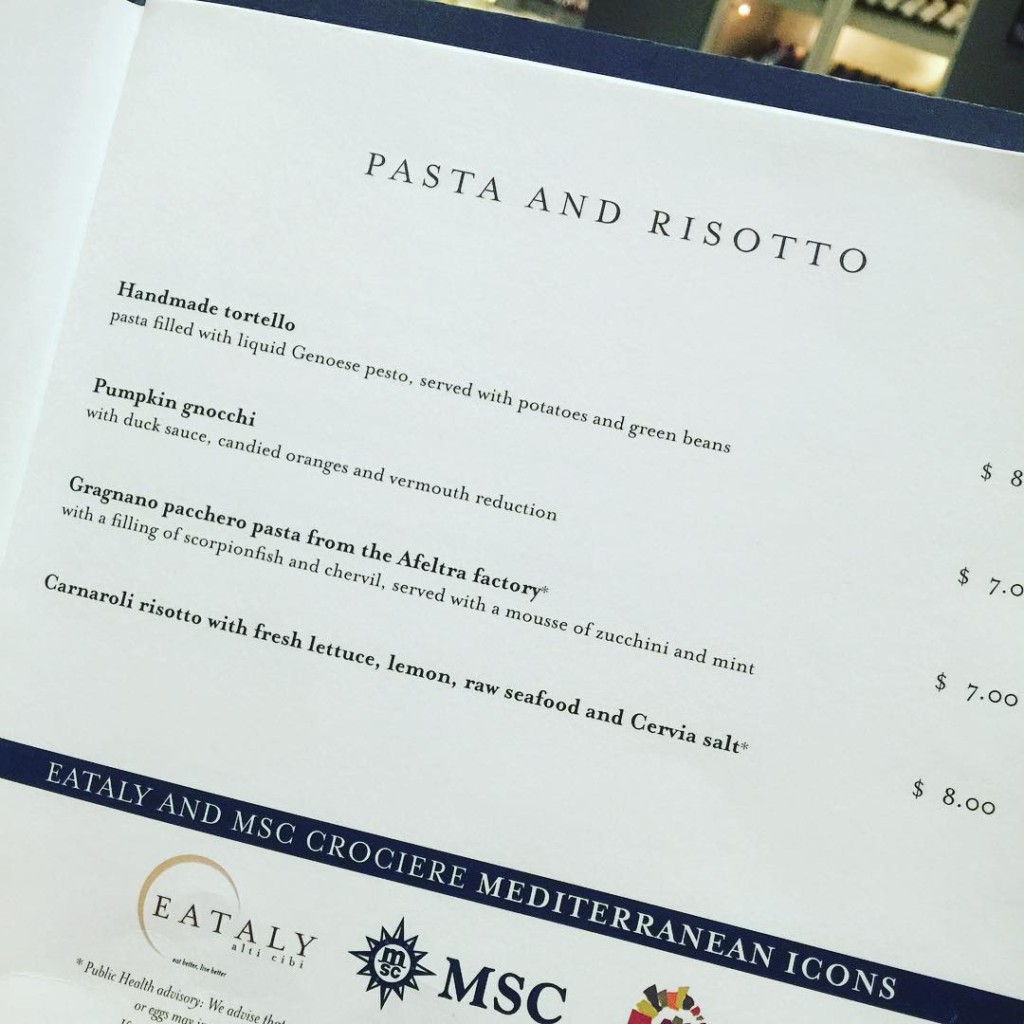 A peek at the menu from Restaurante Italiano by Eataly on MSC Divina