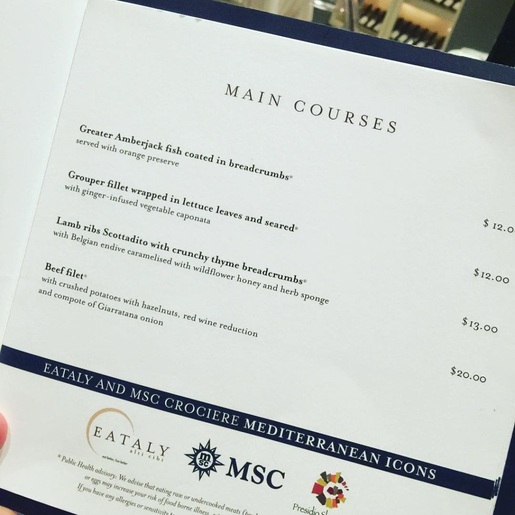 A peek at the menu from Restaurante Italiano by Eataly on MSC Divina