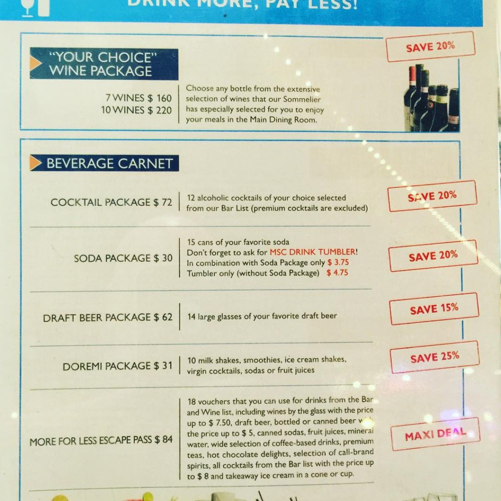 The drink packages offered on MSC Divina during the December 13 - 20, 2014 cruise.