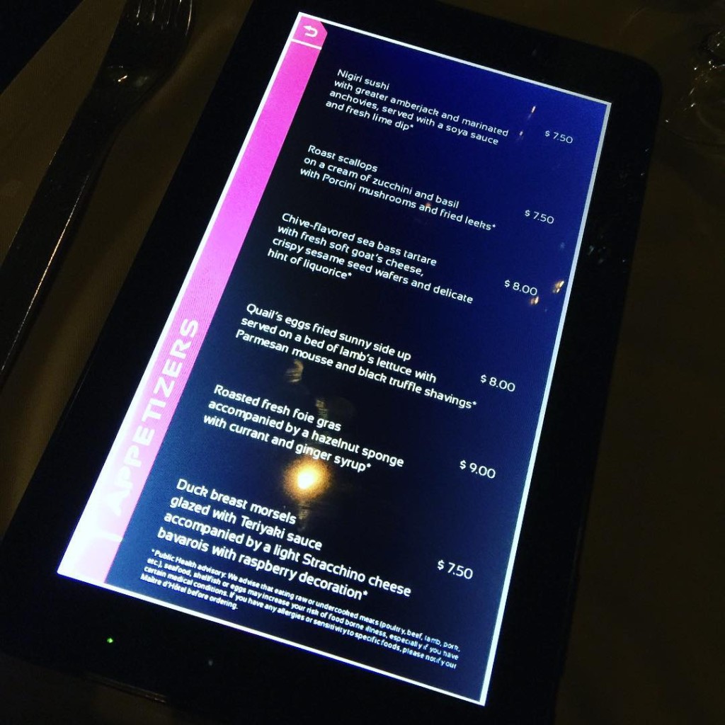 The menu for the Galaxy Restaurant on MSC Divina is presented on a tablet computer.