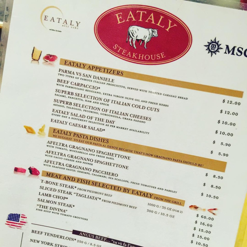 A peek at the Eataly Steakhouse menu onboard MSC Divina