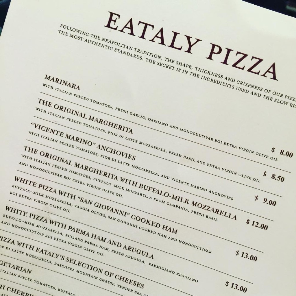 The Eataly Pizza menu on MSC Divina