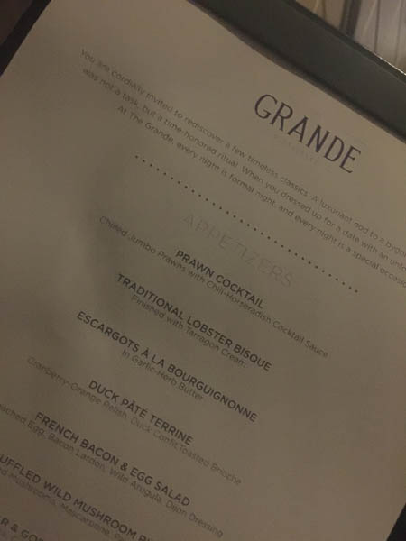 A peek at the menu from The Grande on Quantum of the Seas