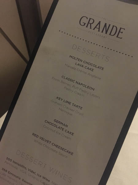 Dessert menu from The Grande on Quantum of the Seas