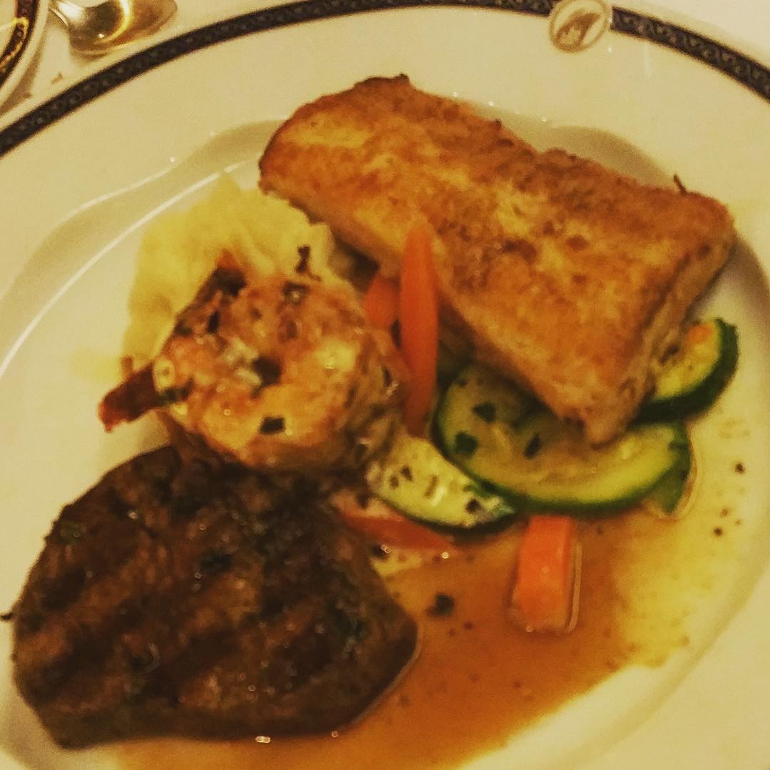 Filet Mignon, Shrimp, and Fish from the main dining room on Holland America Eurodam