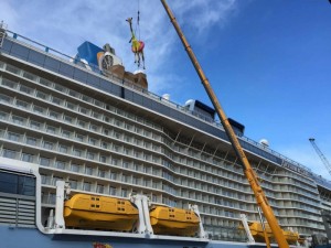 Anthem of the Seas' newest resident - a giraffe wearing a swimsuit and buoy. Photo credit: Royal Caribbean