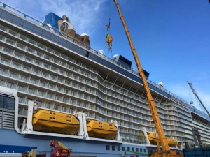 Anthem of the Seas' newest resident - a giraffe wearing a swimsuit and buoy. Photo credit: Royal Caribbean