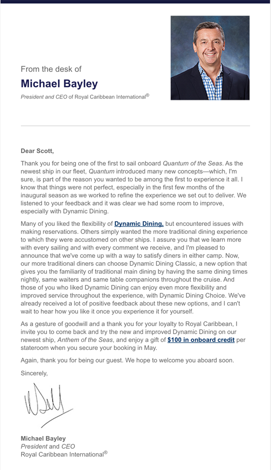 Email from Royal Caribbean President & CEO Michael Bayley to past Quantum of the Seas passengers