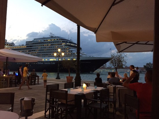 The Holland America Line cruise ship ms Nieuw Amsterdam sails the Giudecca Canal by the Hilton Molino Stucky in Venice Italy on July 27, 2015. Photo credit: Idan Rotem.