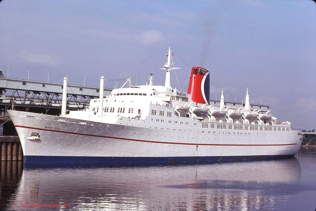 The cruise ship Mardi Gras moored at Montreal on August 28, 1979. Photo credit: René Beauchamp shipspotting.com