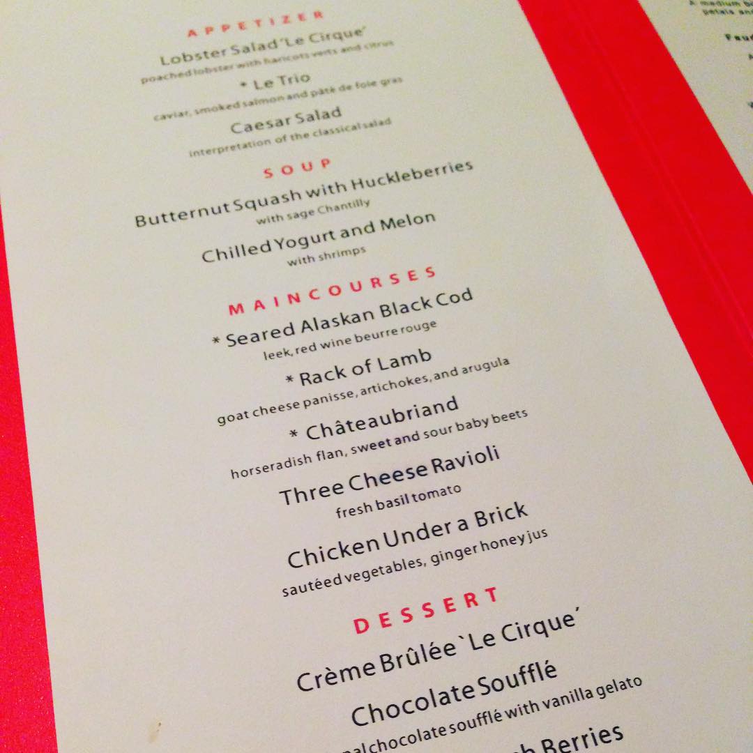 A peek at the menu from Le Cirque onboard Holland America Line during "An Evening at Le Cirque.