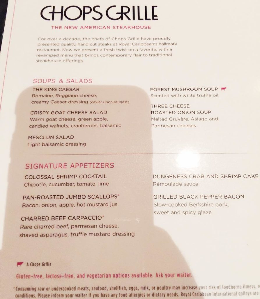 Menu from Chips Grill on Independence of the Seas