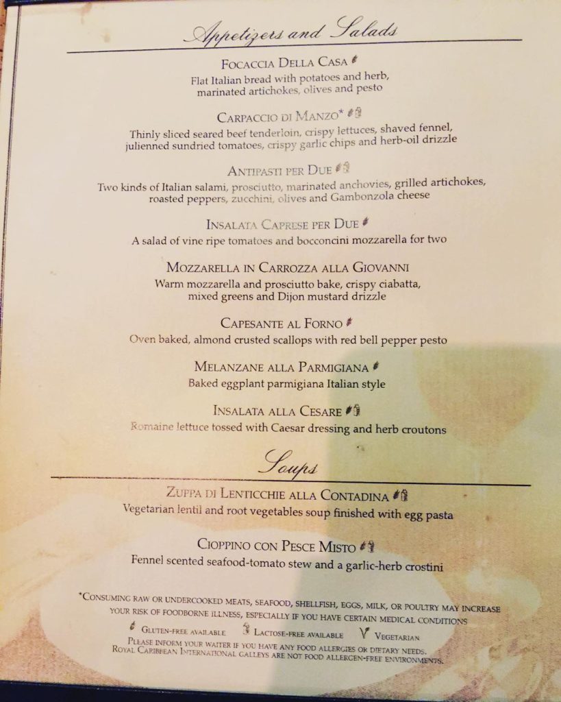 Menu from Giovanni's Table on Independence of the Seas