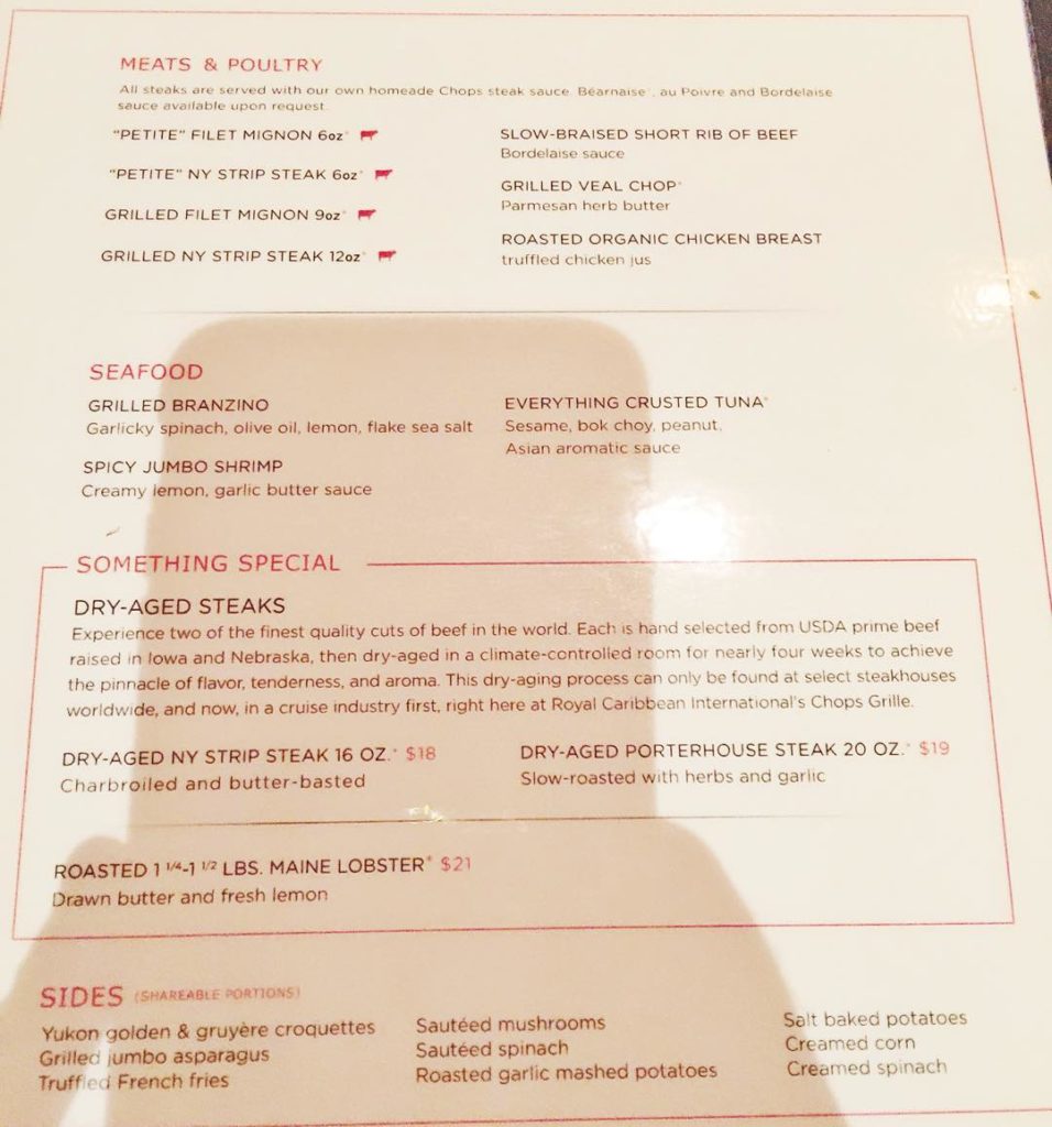 Menu from Chips Grill on Independence of the Seas