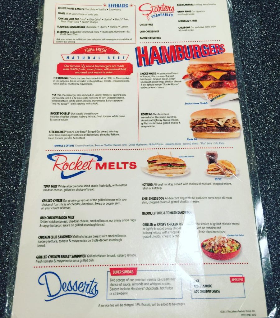 Menu from Johnny Rockets on Independence of the Seas