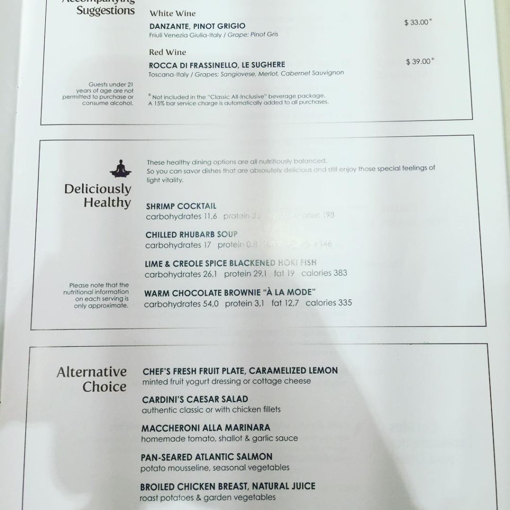 Dinner menu from the main dining room on MSC Divina