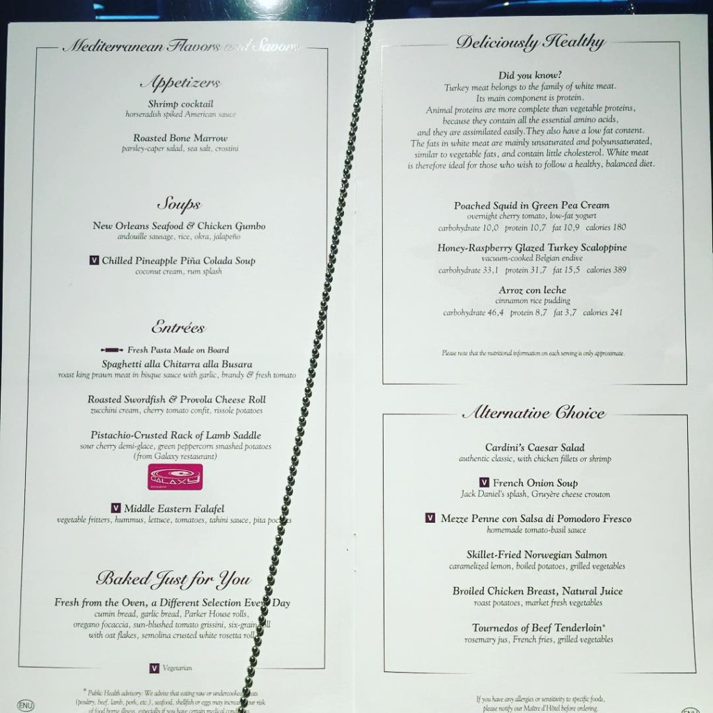 Menu from Le Muse, a private restaurant for those staying in the Yacht Club, on MSC Divina