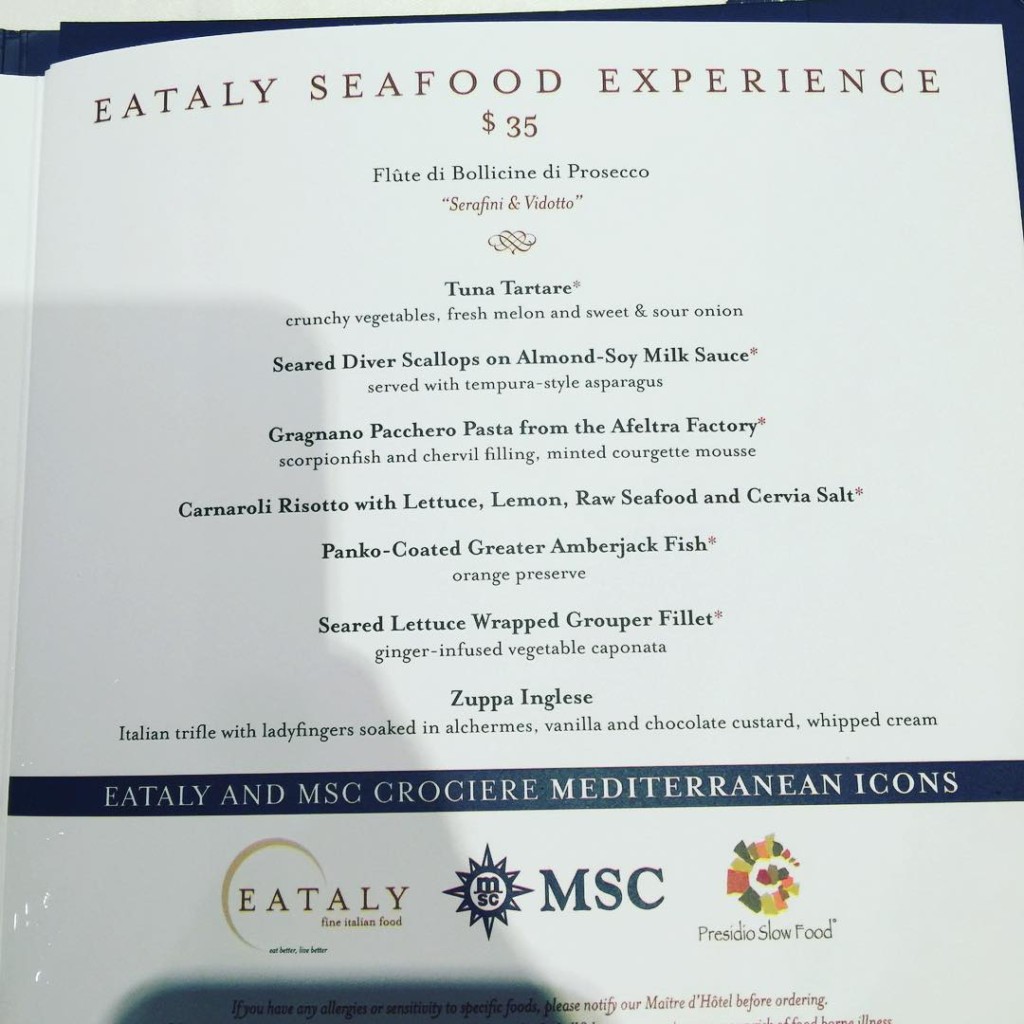 Seafood Experience menu from Ristorante Italiano on MSC Divina