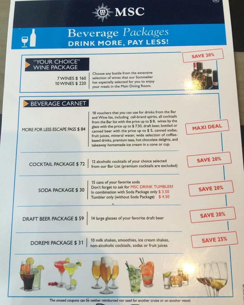 Beverage packages currently available on MSC Divina