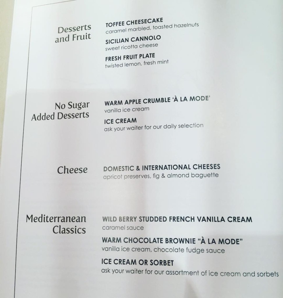 Dessert menu from main dining room on MSC Divina