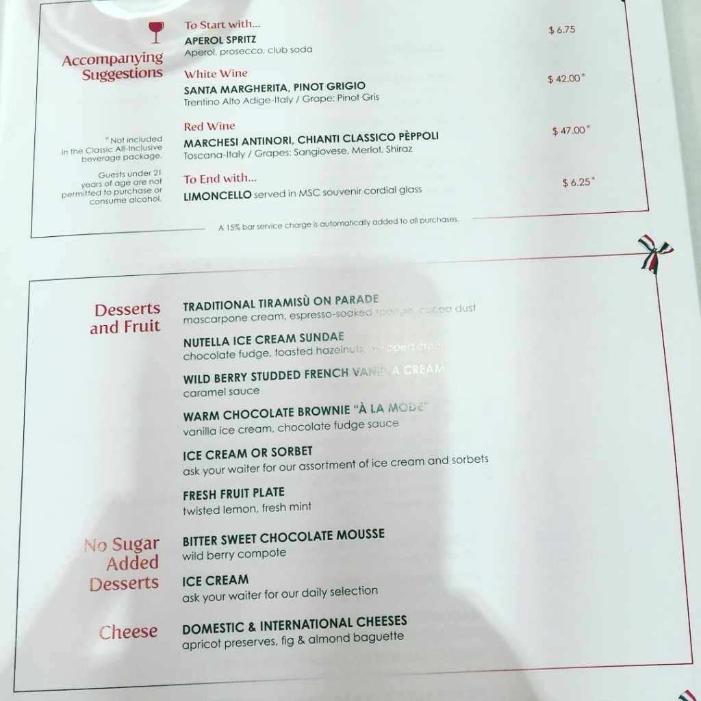 Dessert menu from Italian Night on MSC Divina