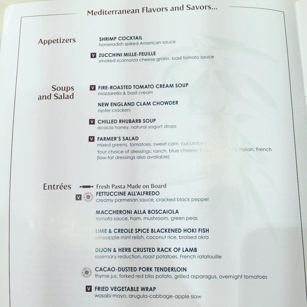 Dinner menu from the main dining room on MSC Divina