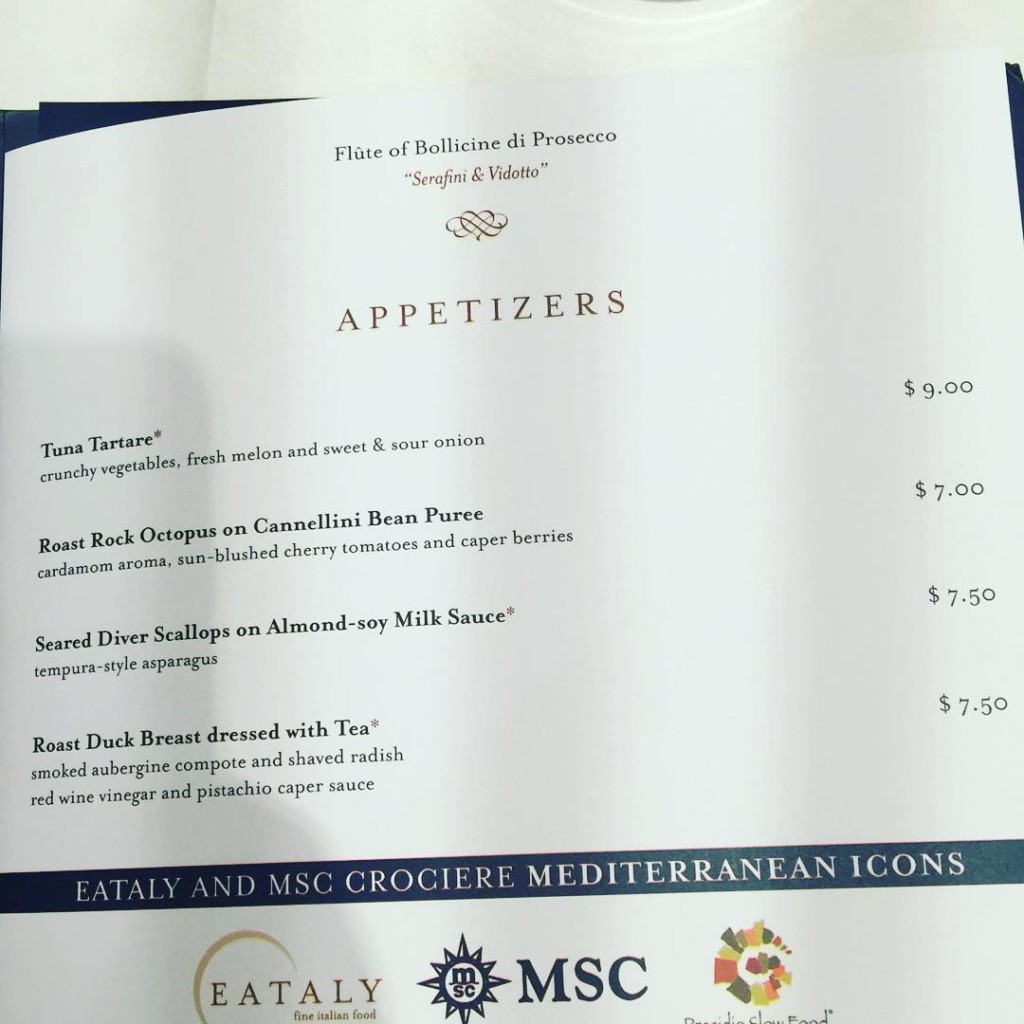 Appetizer menu from Ristorante Italiano on MSC Divina